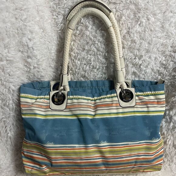 Coach  Fabric  Nautical Striped pastel Multicolor shoulder bag leather straps - Picture 4 of 13